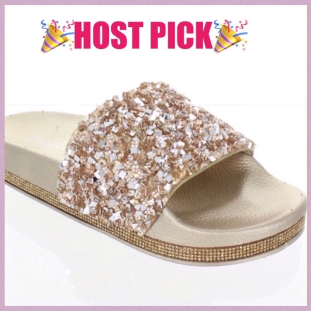 GOLD SLIDES DRIPPING IN SPARKLING SHOES